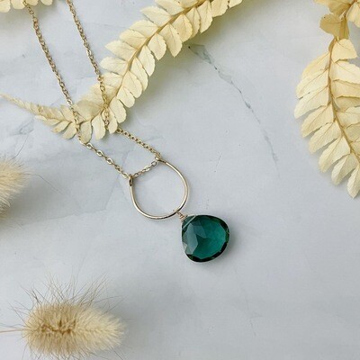 Large Indicolite Quartz Drop on Hand Forged Gold Hoop Necklace
