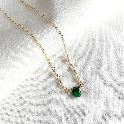 Dainty Emerald and Pearl Necklace, GF