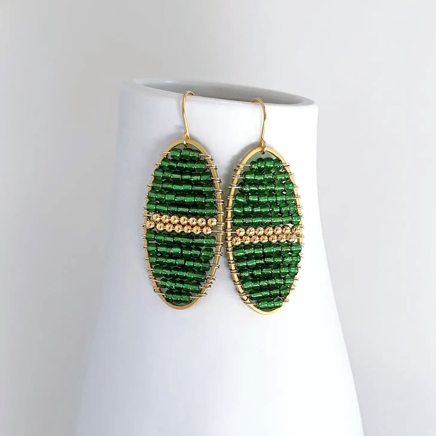 Green and Gold Seed Oval 14k GF Earrings