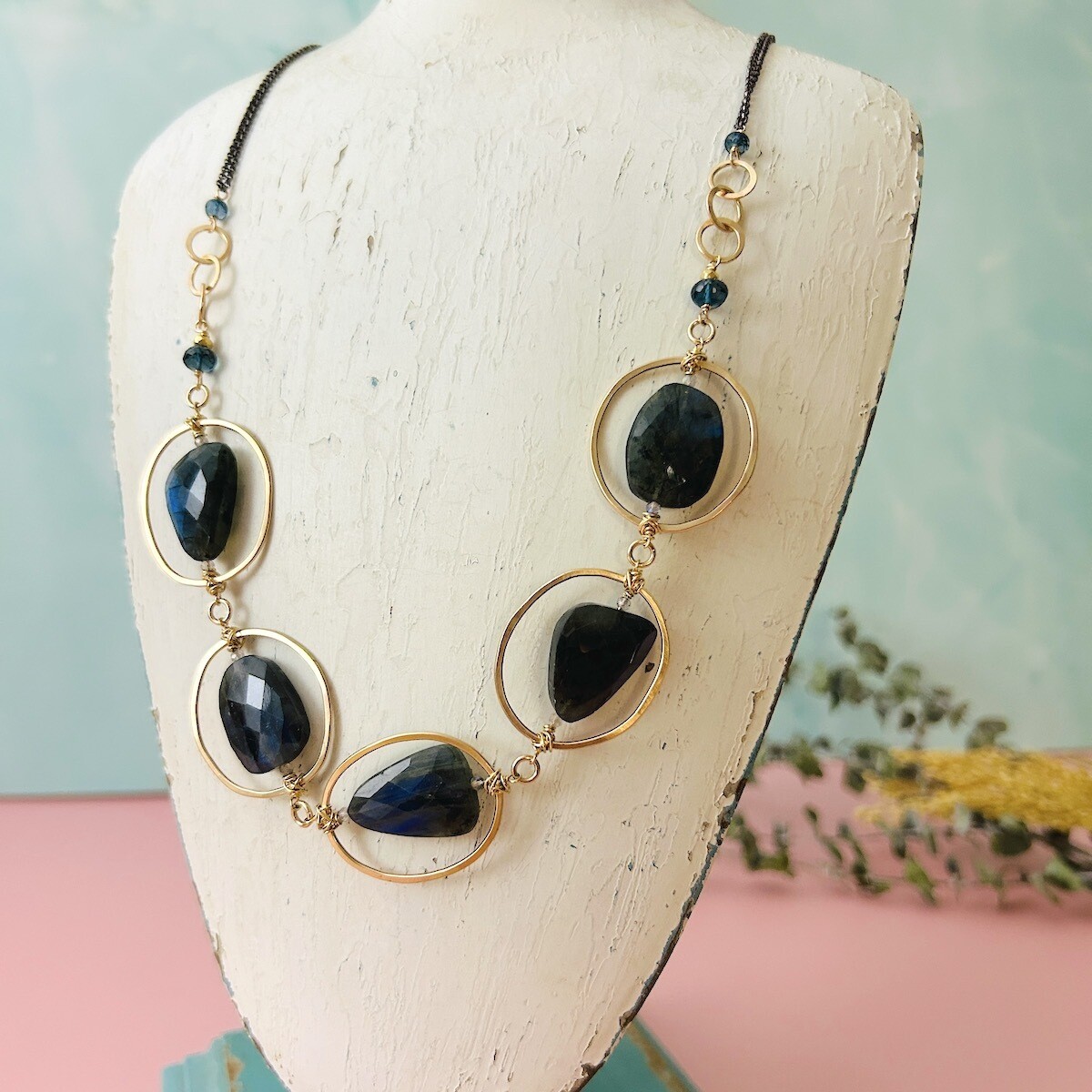 Handmade Labradorite and Blue Topaz Necklace with 14k GF on Sterling Chain