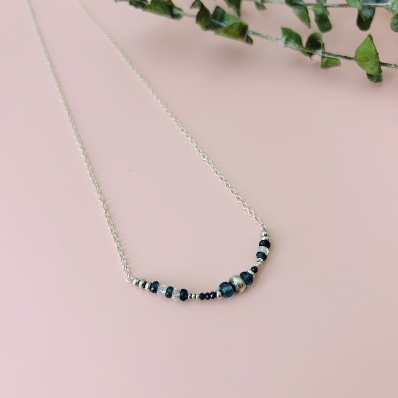 Handmade Necklace with London Blue Topaz, Sapphire, Moonstone Bead Bar on Sterling Necklace, 16&quot;