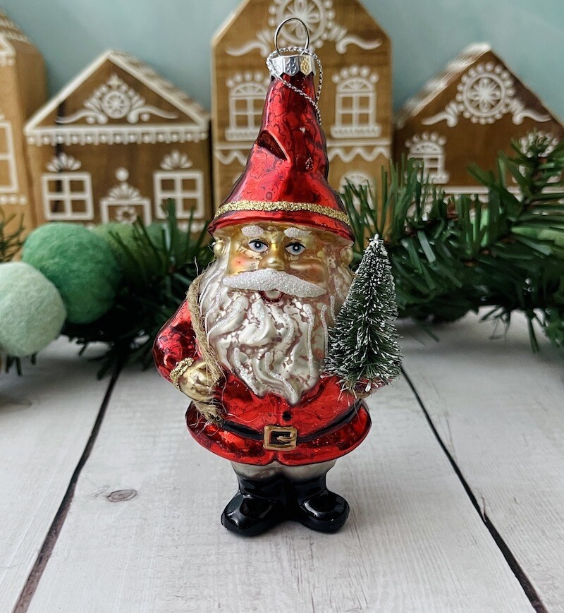 Hand-Painted Glass Garden Santa Ornament w/ Bottle Brush Trees &amp; Glitter, 5-3/4&quot;H