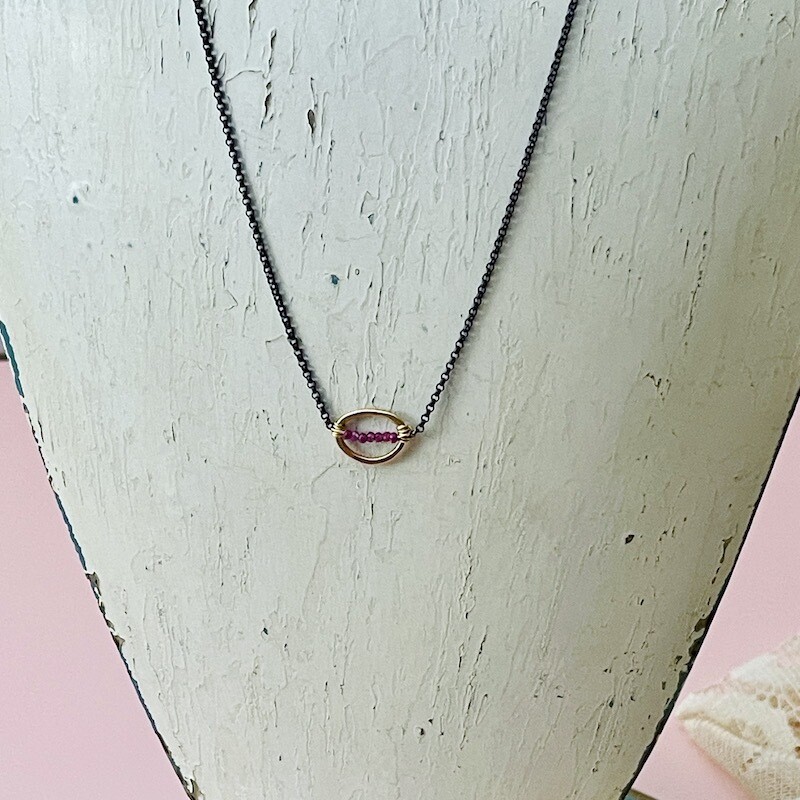 Handmade Necklace with 2mm Pink Ruby Wrapped in 14k GF in Oxidized Sterling Chain, 16&quot;