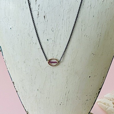 Handmade Necklace with 2mm Pink Ruby Wrapped in 14k GF in Oxidized Sterling Chain, 16"
