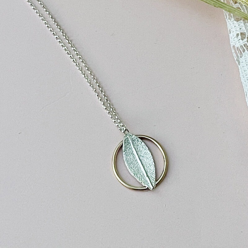 Handmade Sterling Leaf Enclosed in a 14k Goldfill Circle on Sterling Silver Chain, 16"