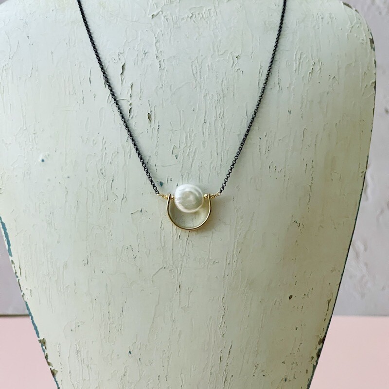 Handmade Necklace with White Coin Pearl 14k GF on Oxidized Silver Chain
