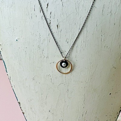 Handmade Necklace with 4mm Grey pearl Set in Oxi Silver in 14k GF Circle, 16-17"