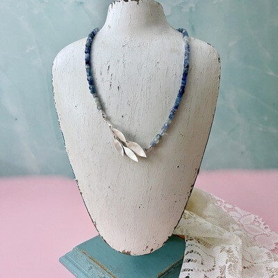 Handmade Silver Medium Blue Kyanite Beads with Leaf Toggle Necklace