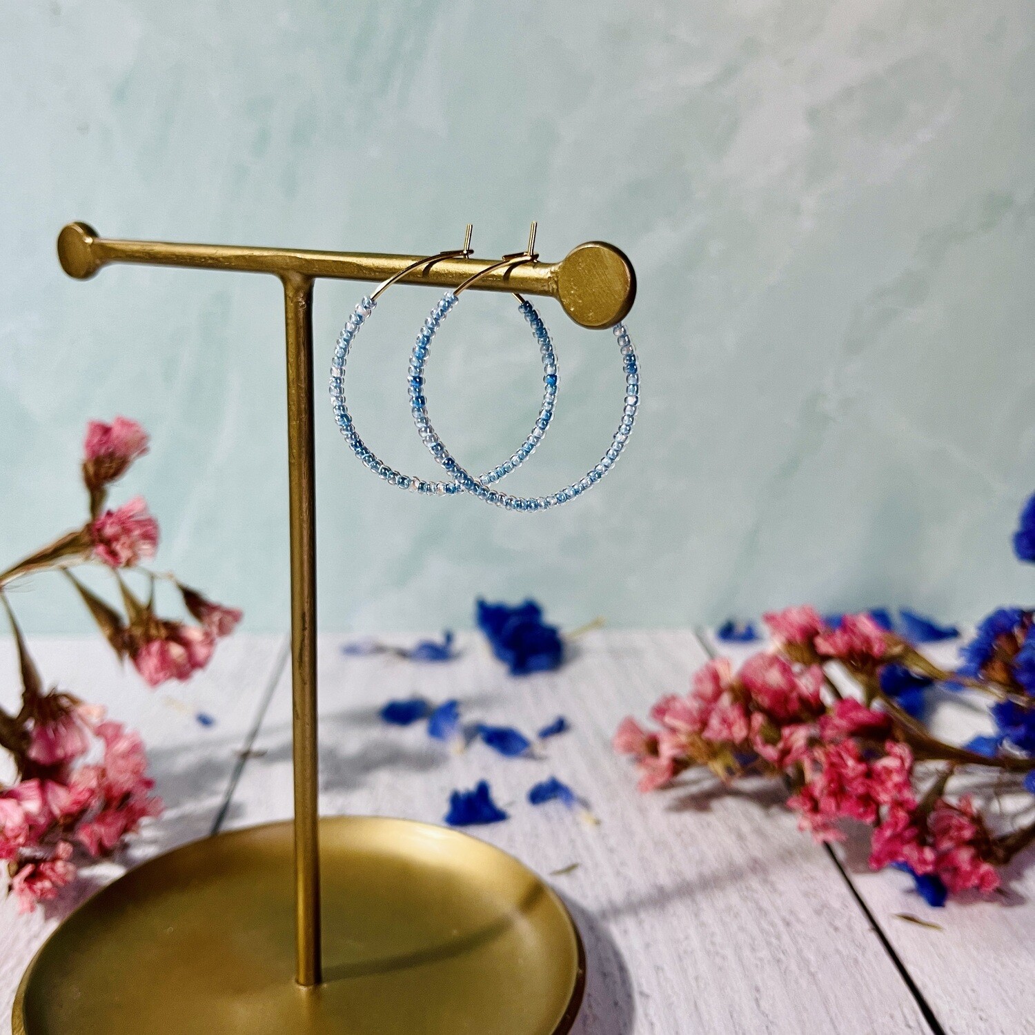 Beaded GF Hoop Earrings - , Color: Blue