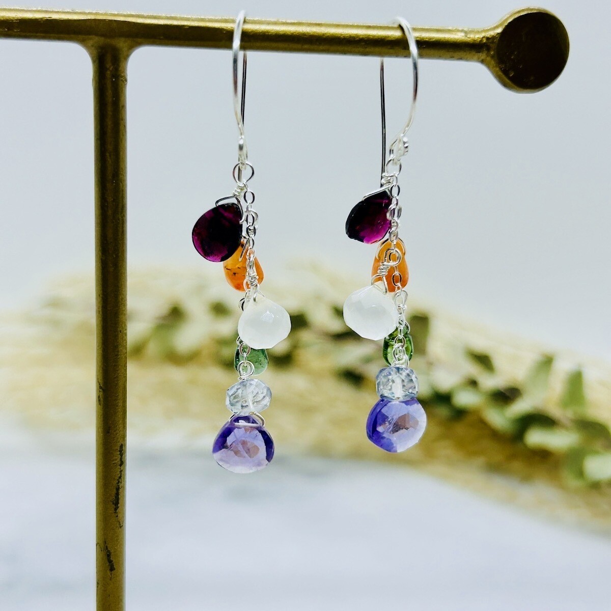 Handmade Earrings with Rainbow Gemstone Cascade