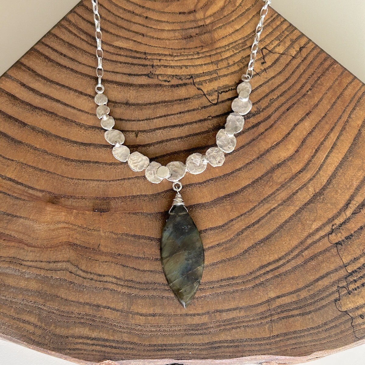 Handmade Silver Necklace with recycled hammered silver pebbles, large marquise labradorite