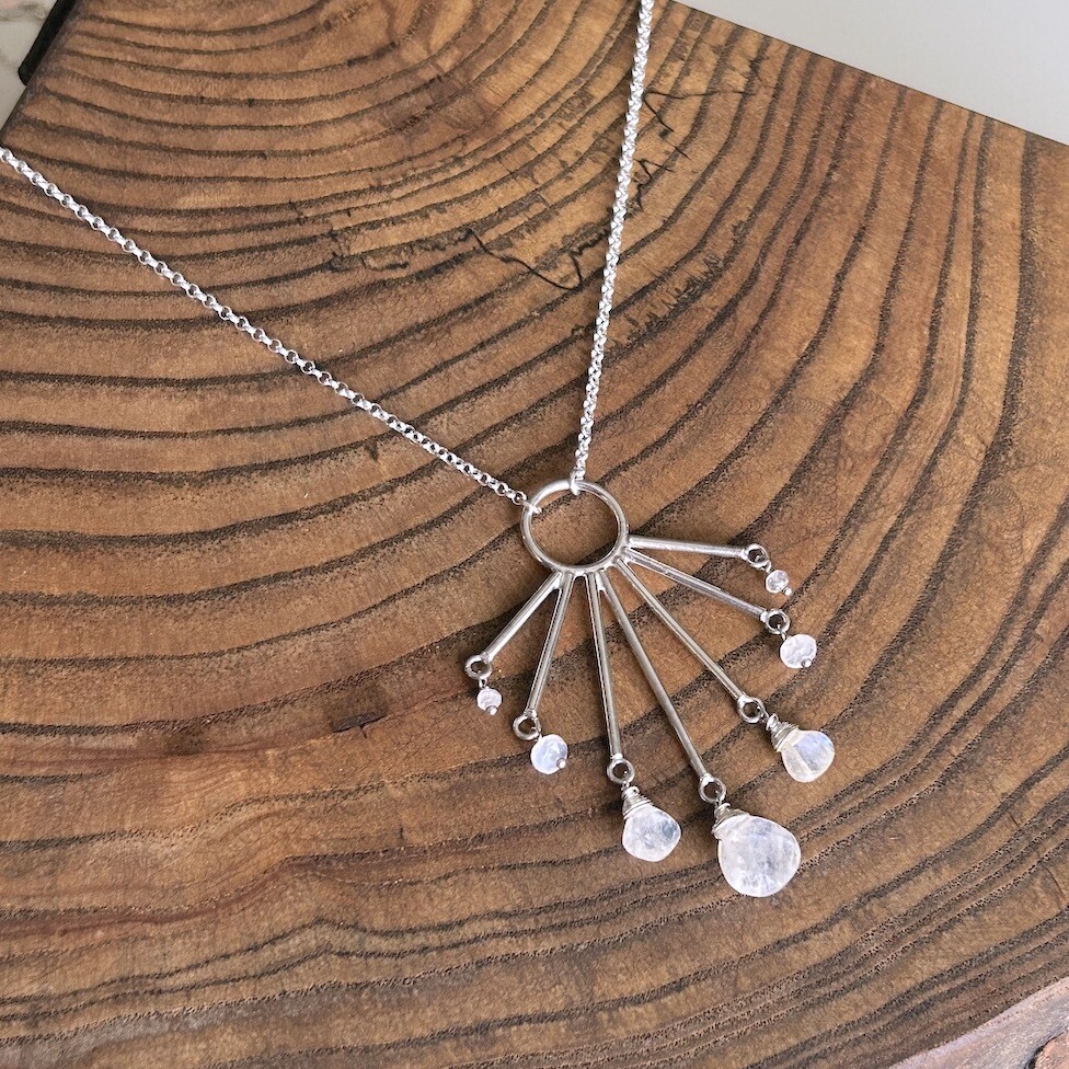 Handmade Silver Spoke Necklace with graduated dangling rainbow moonstones