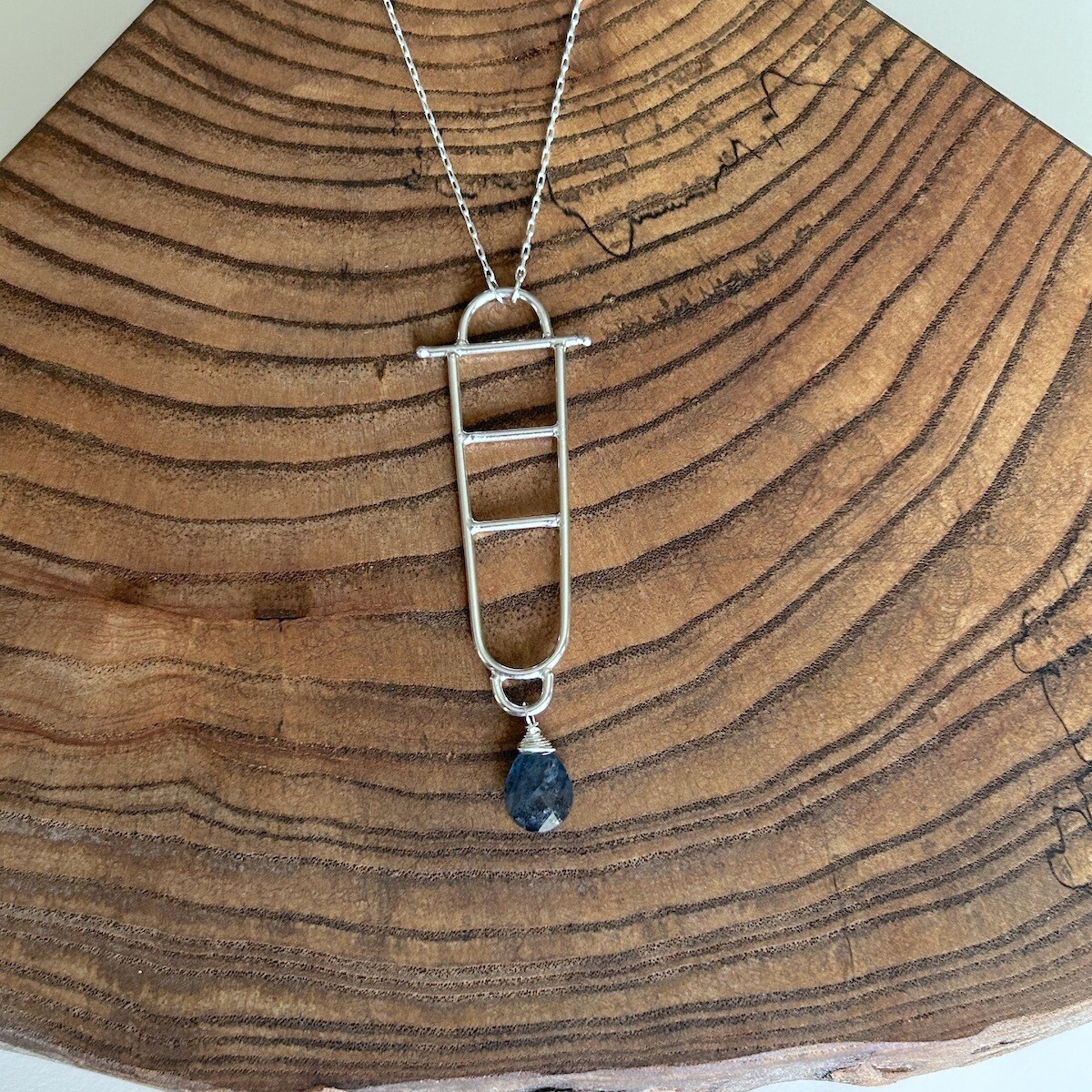 Handmade Silver Necklace with oval ladder, moss kyanite briolette