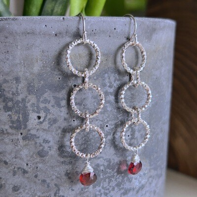 Handmade Silver Earrings with 5 link chain, faceted wire, garnet brio 2 3/4"