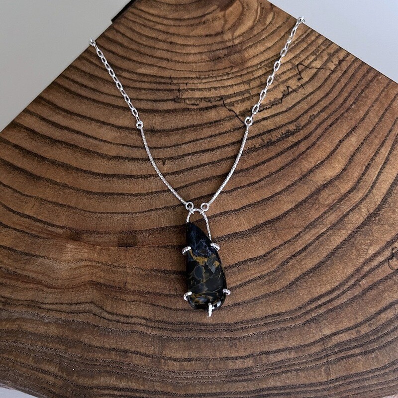 Handmade Silver Necklace with prong set pietersite, 2 curved textured bars