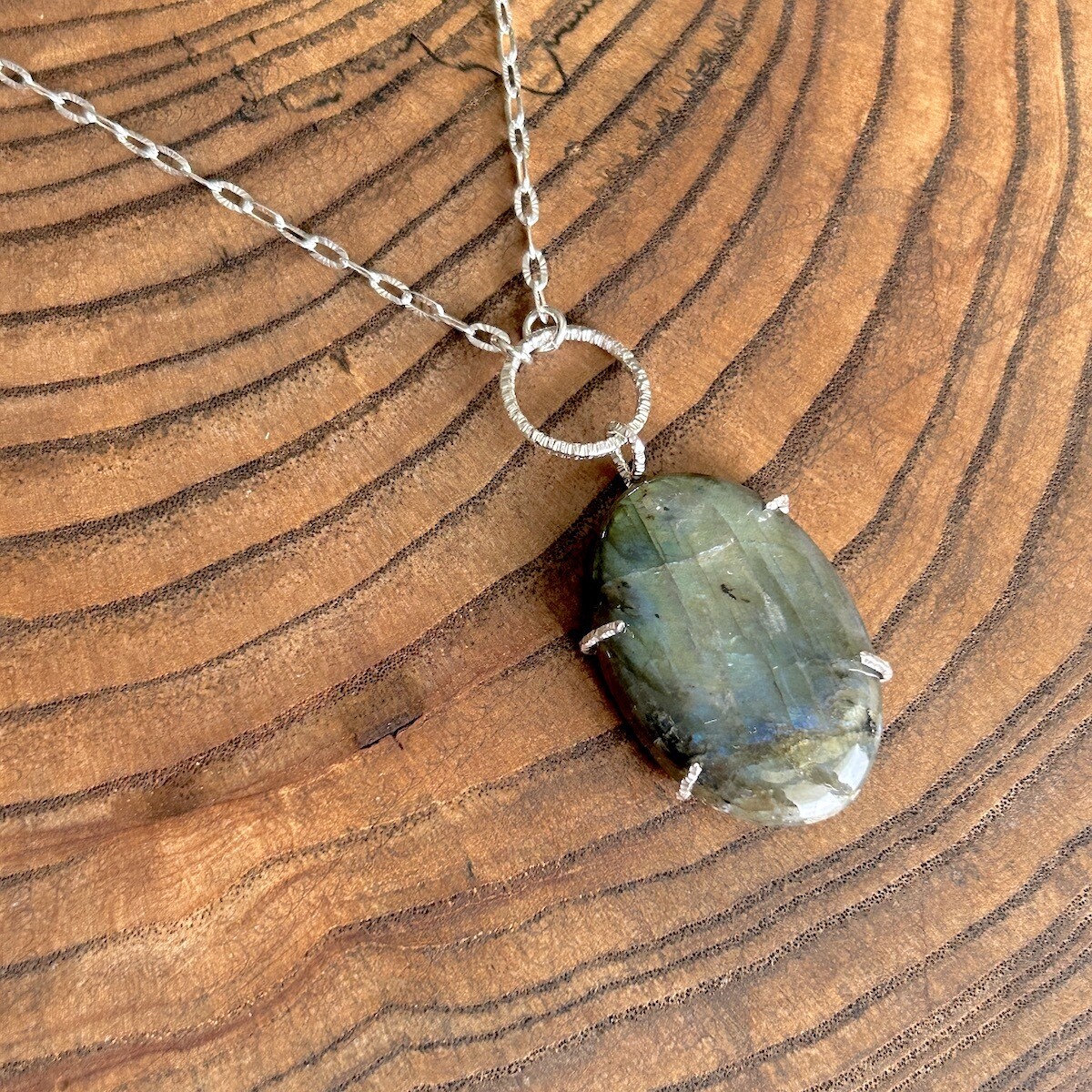 Handmade Silver Necklace with prong set labradorite,textured ring