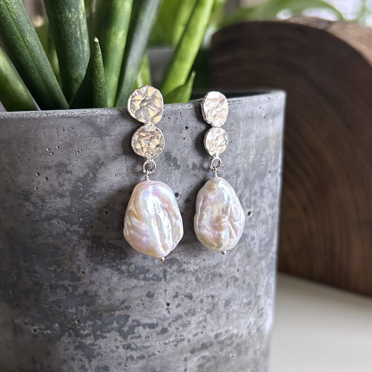 Handmade Silver Earrings with 2 recycled pebbles, white baroque pearl