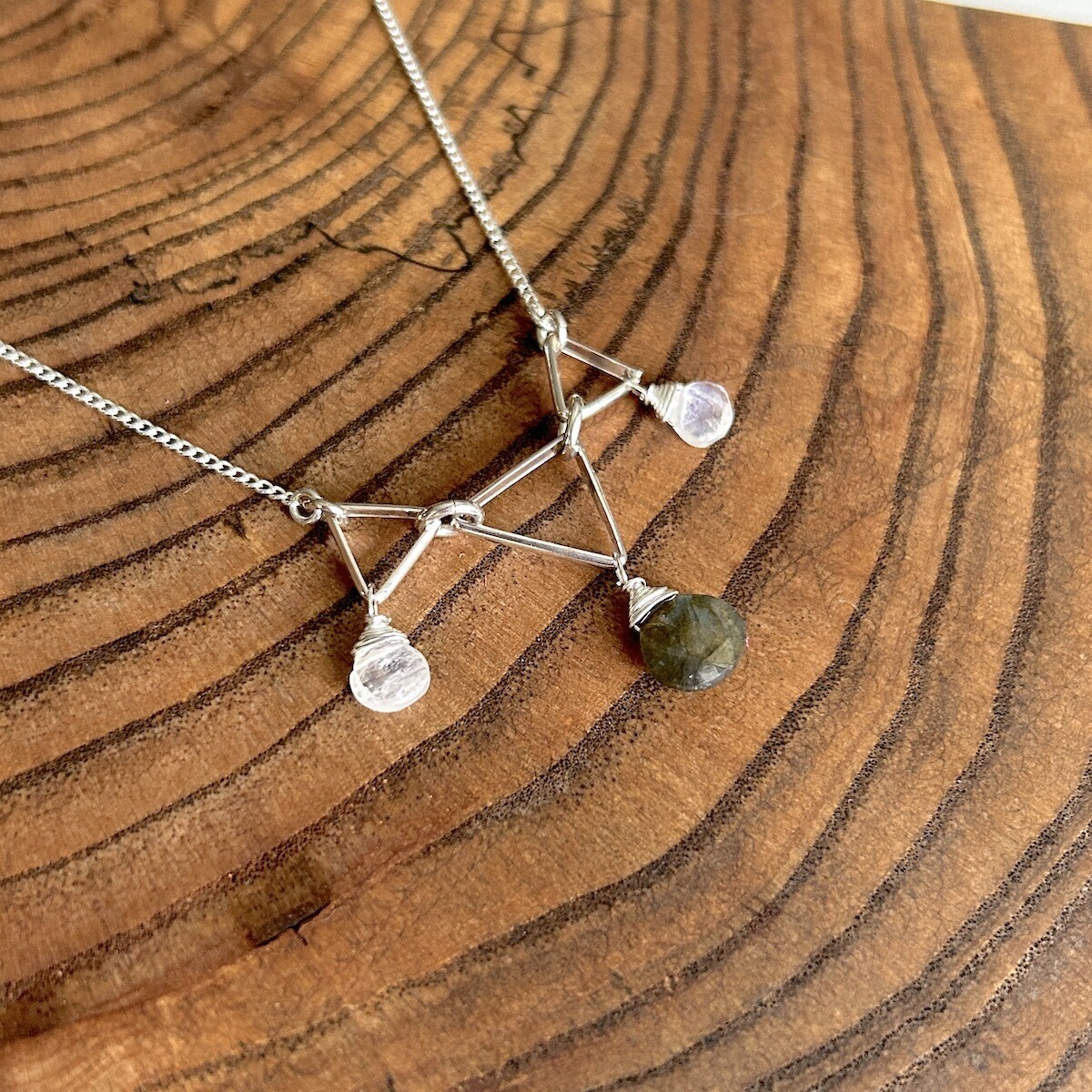 Handmade Silver Necklace with 3 1/2 round triangles, labradorite briolette, 2 rainbow moonstone briolette