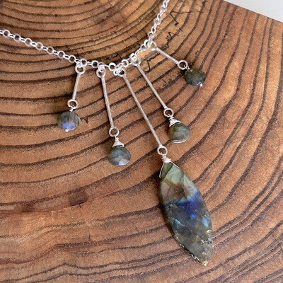 Handmade Silver Necklace with marquise shaped labradorite, 2 labradorite briolette, 2 labradorite coins on hammered graduated bars