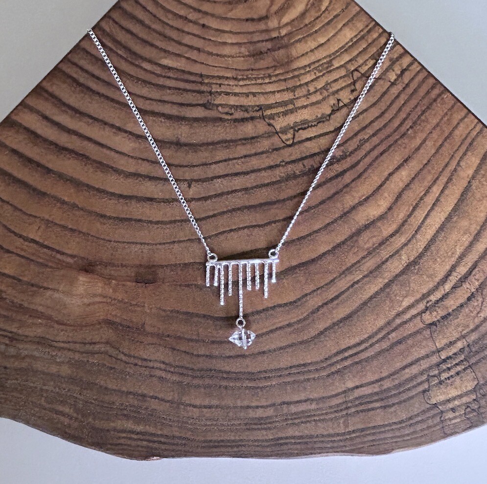 Handmade Silver Necklace with bar with textured teeth, herkimer diamond