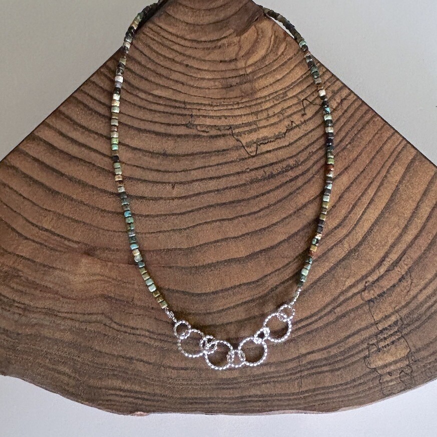 Handmade Silver Necklace with turquoise cubes, ball wire