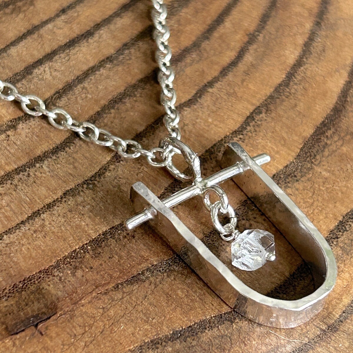 Handmade Silver Necklace with thick u with bar, herkimer diamond