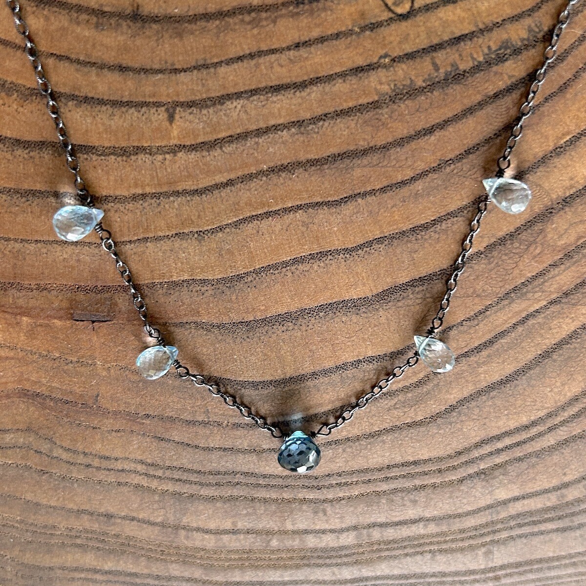 Handmade Oxi Silver Necklace with 4 sky blue topaz briolette, 1 swiss blue topaz onion