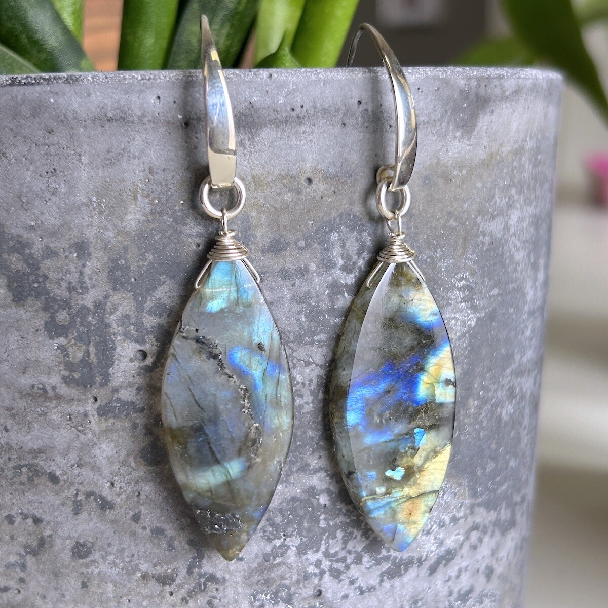 Handmade Silver Earrings with wide earwire, marquise shaped labradorite