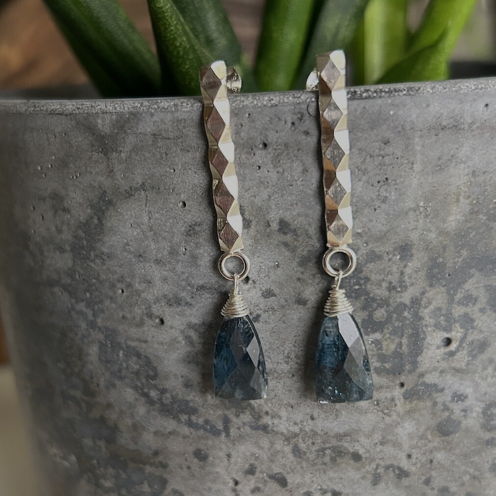 Handmade Silver Earrings with wide faceted bar, moss kyanite, post 2"