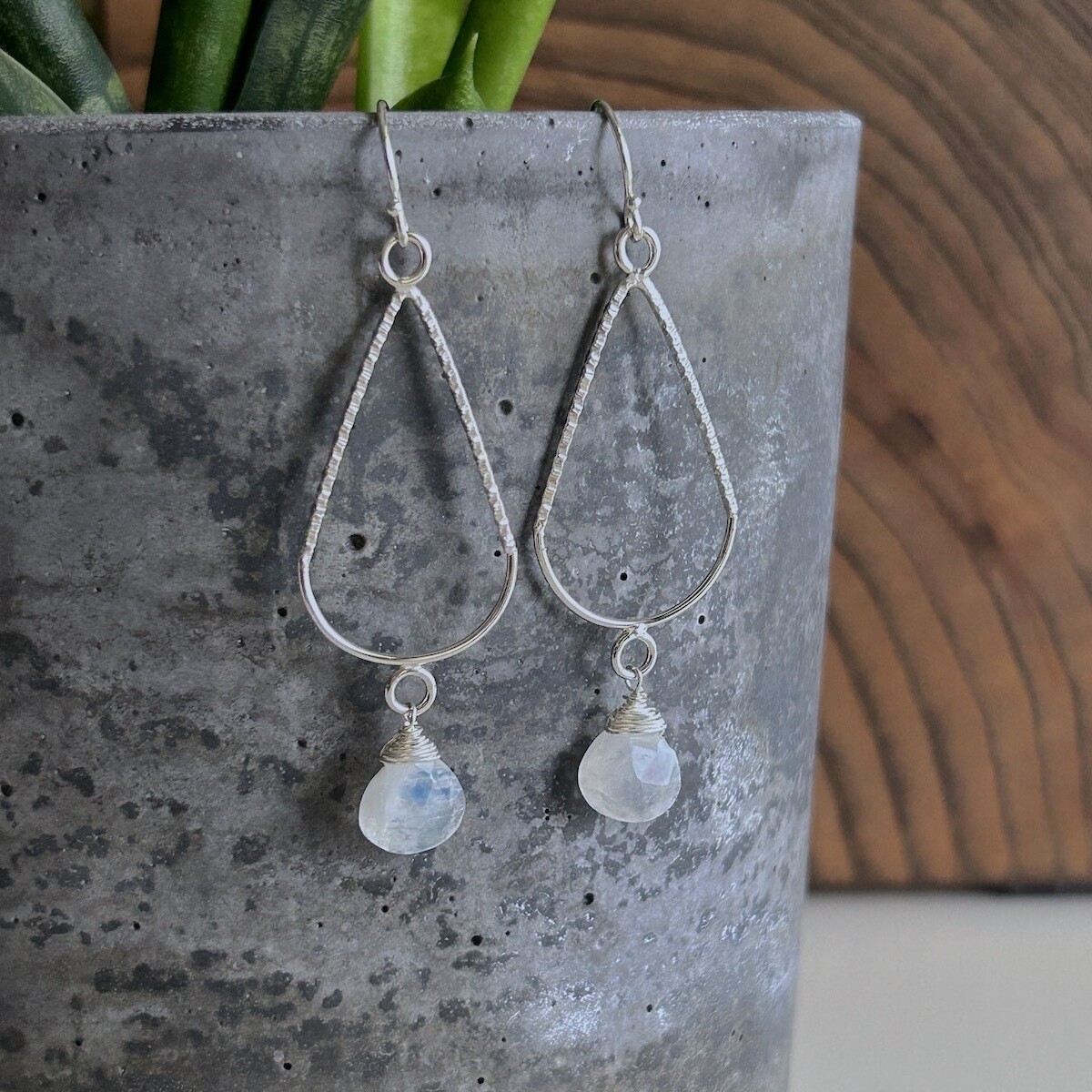Handmade Silver Earrings with textured and round teardrop, rainbow moonstone briolette