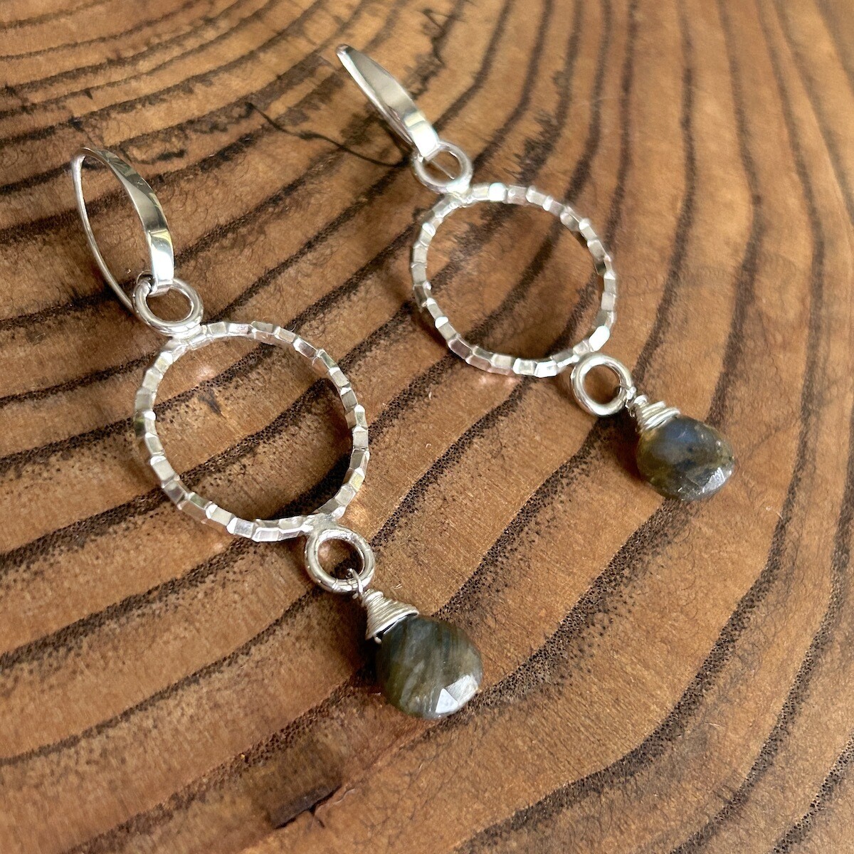 Handmade Silver Earrings with faceted ring, labradorite briolette