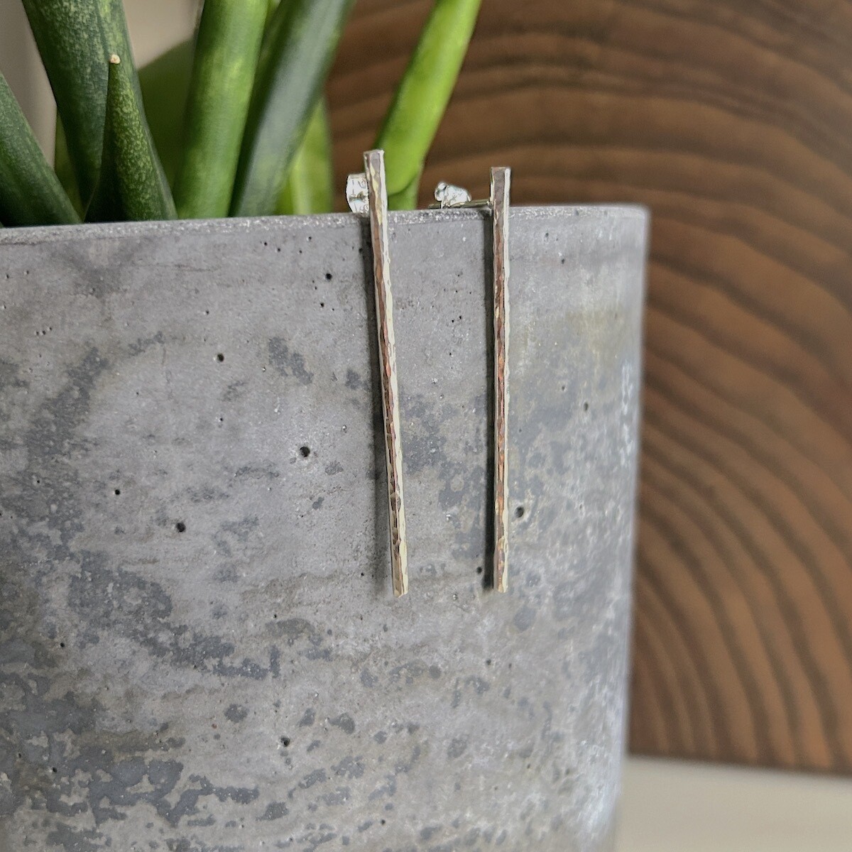 Handmade Silver Earrings with 2" hammered silver stick, post