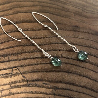 Handmade Silver Earrings with green hydro coin on faceted bar 2 1/2"