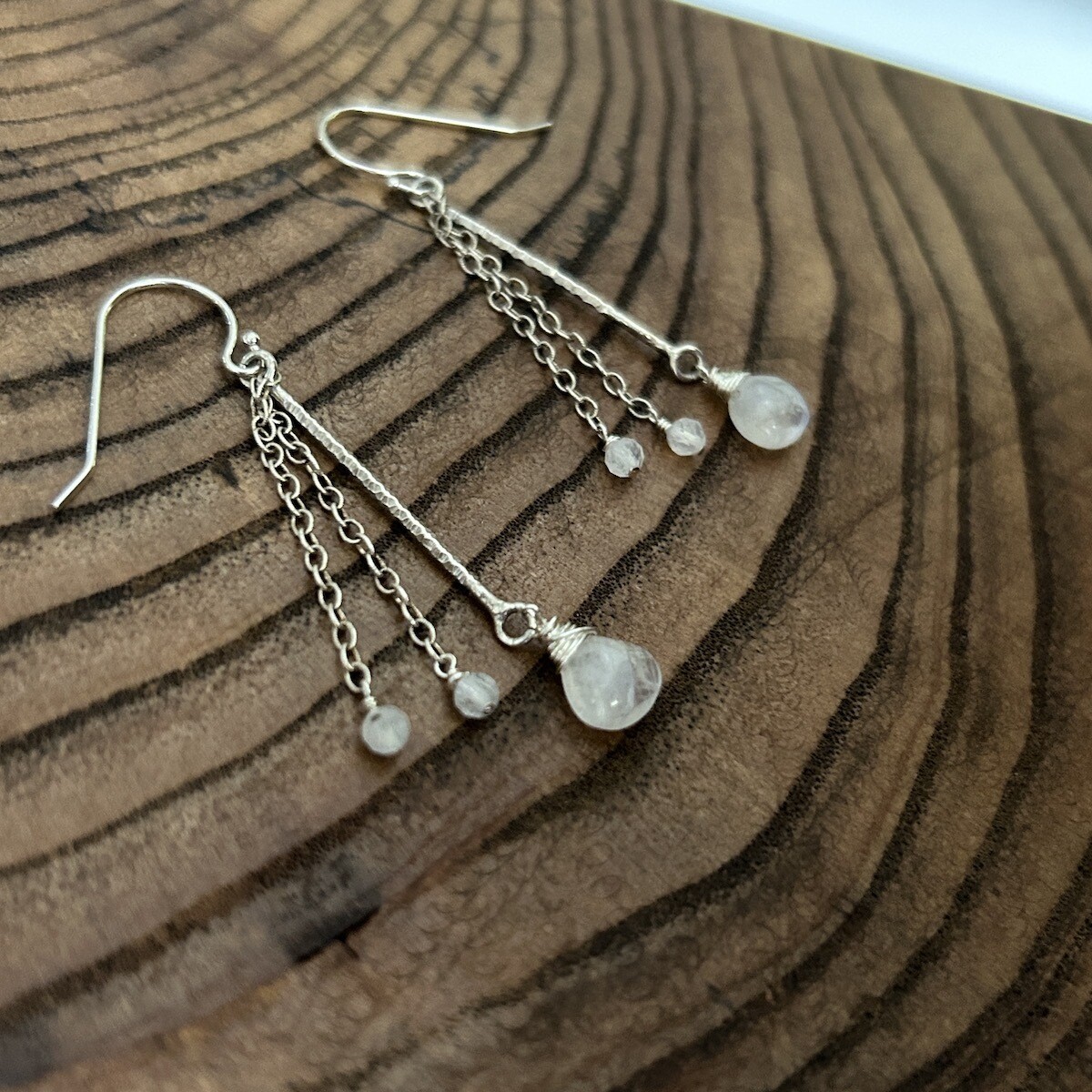 Handmade Silver Earrings with textured bar, rainbow moonstone briolette, rondelles on chains