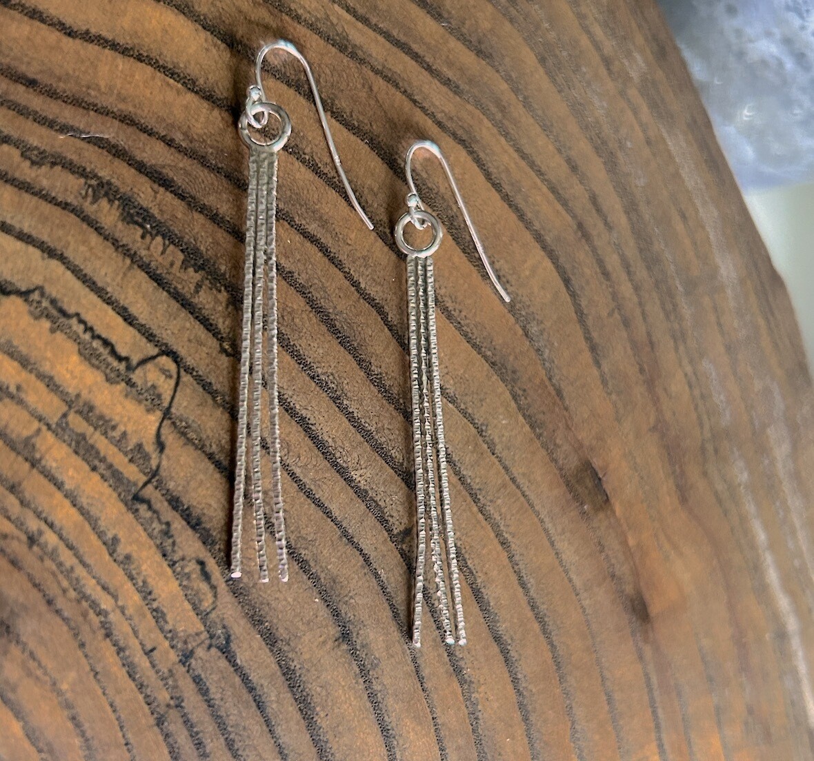 Handmade Silver Earrings with 3 textured fringe 2 1/2&quot;