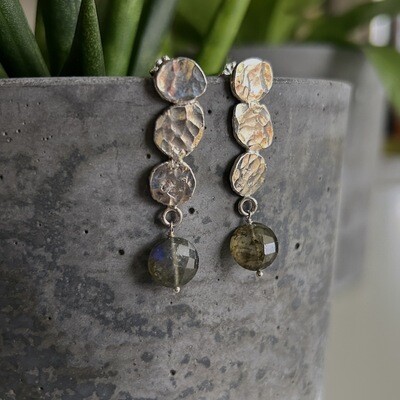Handmade Silver Earrings with 3 recycled silver pebbles, labradorite coin, post