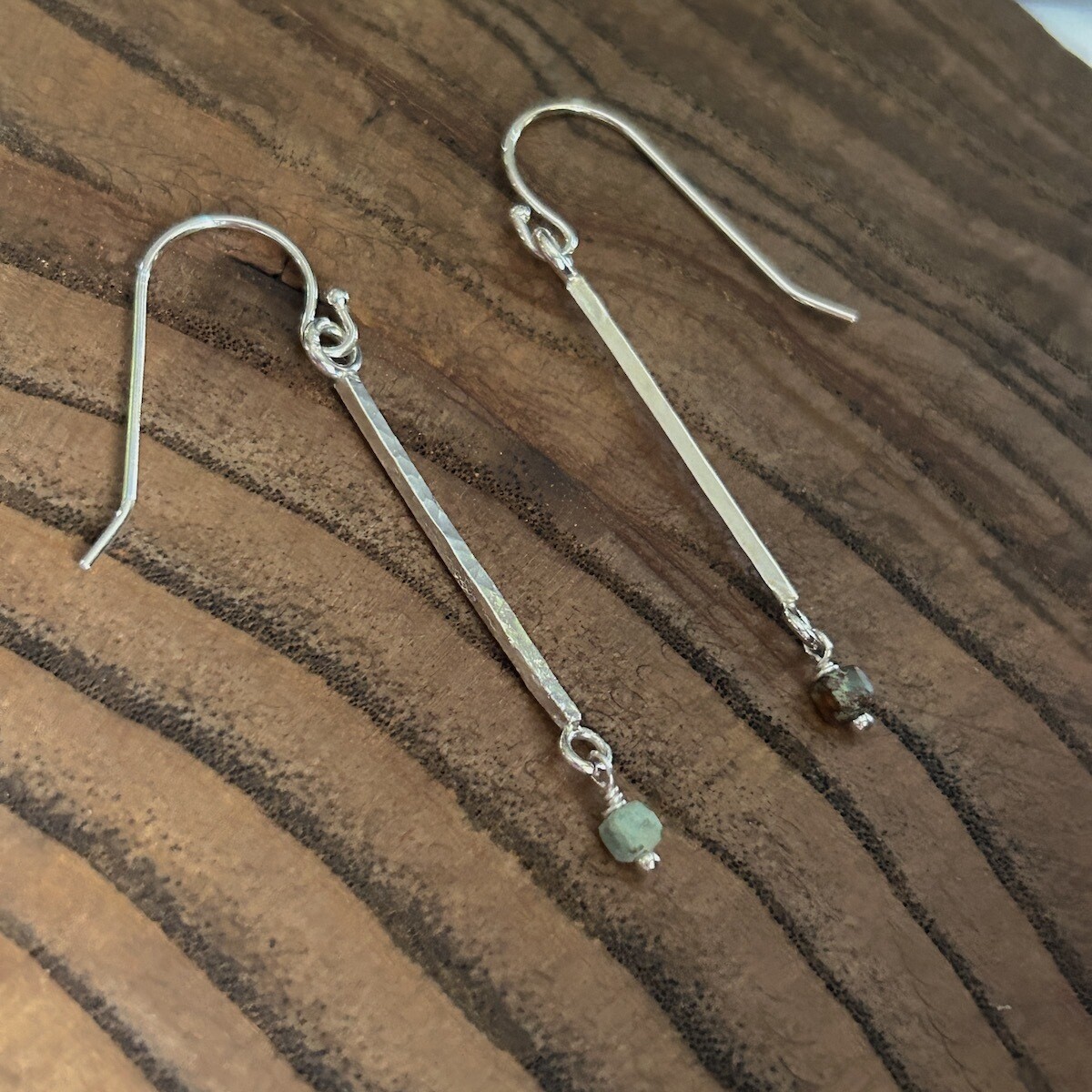 Handmade Silver Earrings with hammered square wire, turquoise cube
