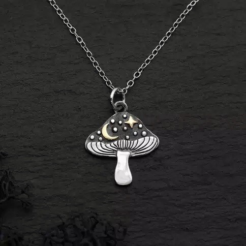 Silver Mushroom Necklace with Bronze Star and Moon