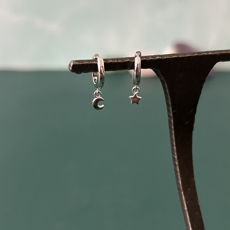 Star and Moon Huggie Hoop Earrings in Silver