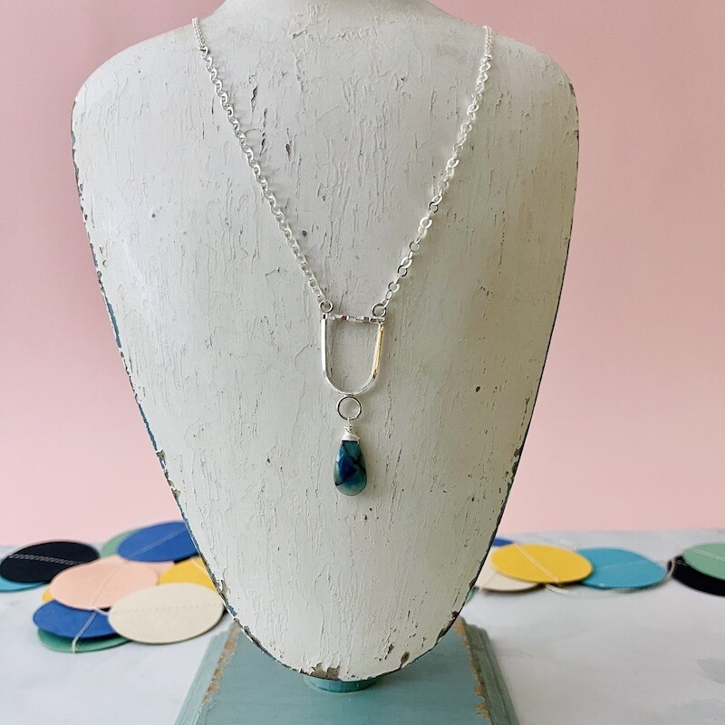 Handmade Silver Necklace with square u, textured bar, chrysocolla briolette