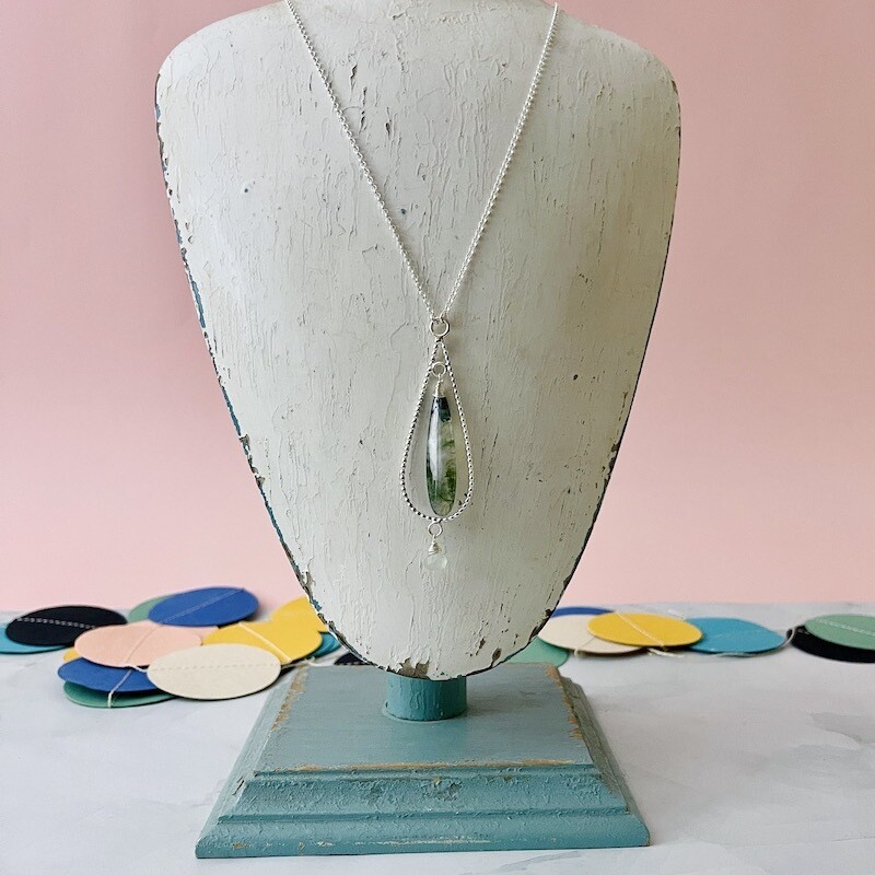 Handmade Silver Necklace with ball wire teardrop, moss agate, chalcedony onion