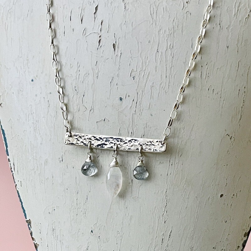 Handmade Silver Necklace with hammered bar across with 2 moss aquamarine briolettes, rainbow moonstone briolette