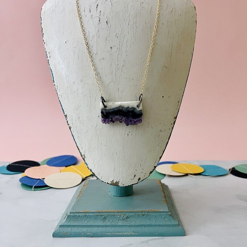 Handmade Silver Necklace with raw amethyst, 14 k g.f. chains