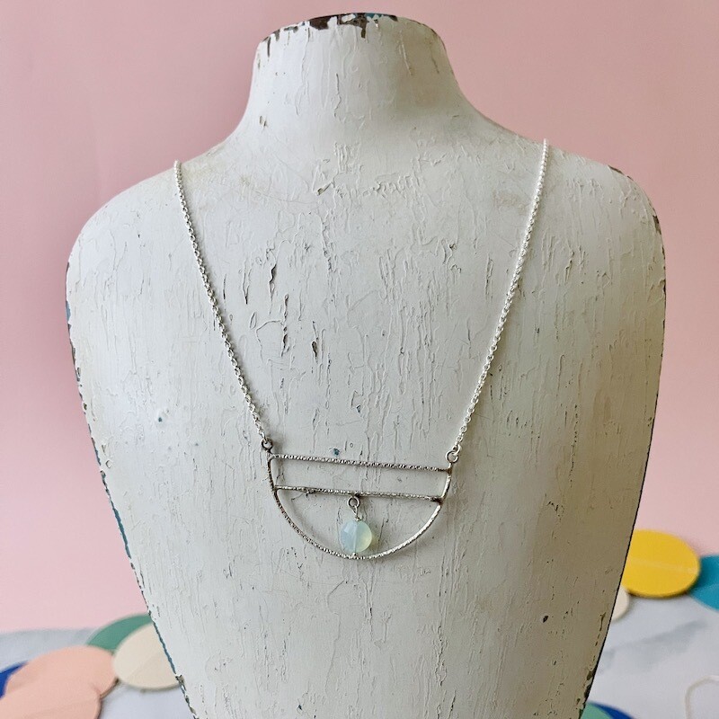 Handmade Silver Necklace with 1/2 circle textured wire, peruvian chalcedony coin