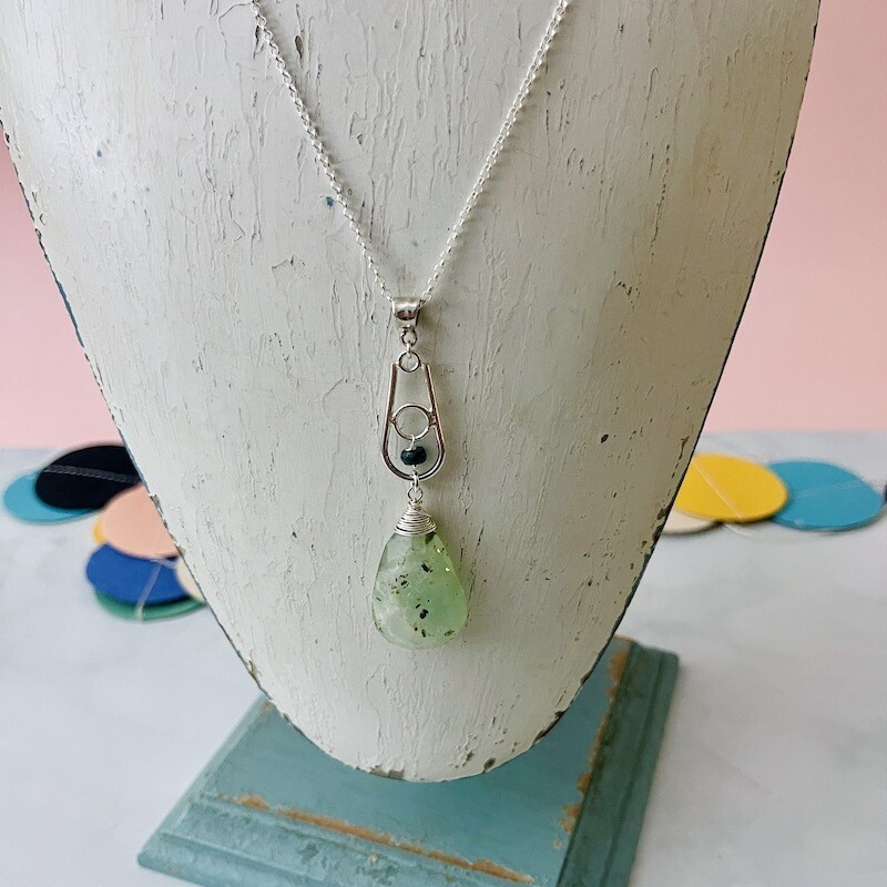 Handmade Silver Necklace with u with circle, large chrysoprase briolette, grandidereite rondelle