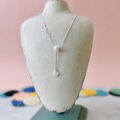 Handmade Silver Necklace with white pearl bail, long textured bar, rainbow moonstone briolette