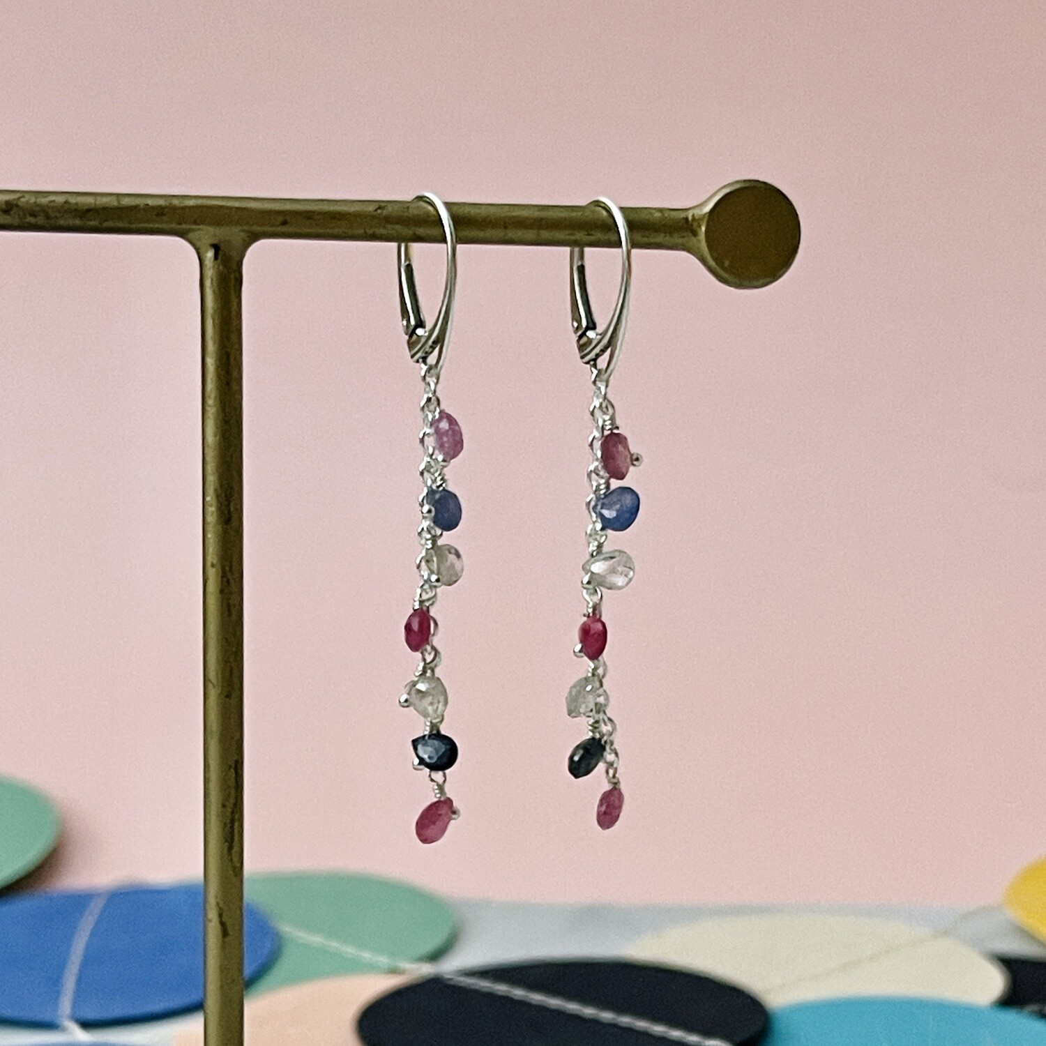 Handmade Silver Earrings with chain of multi color Sapphire drops