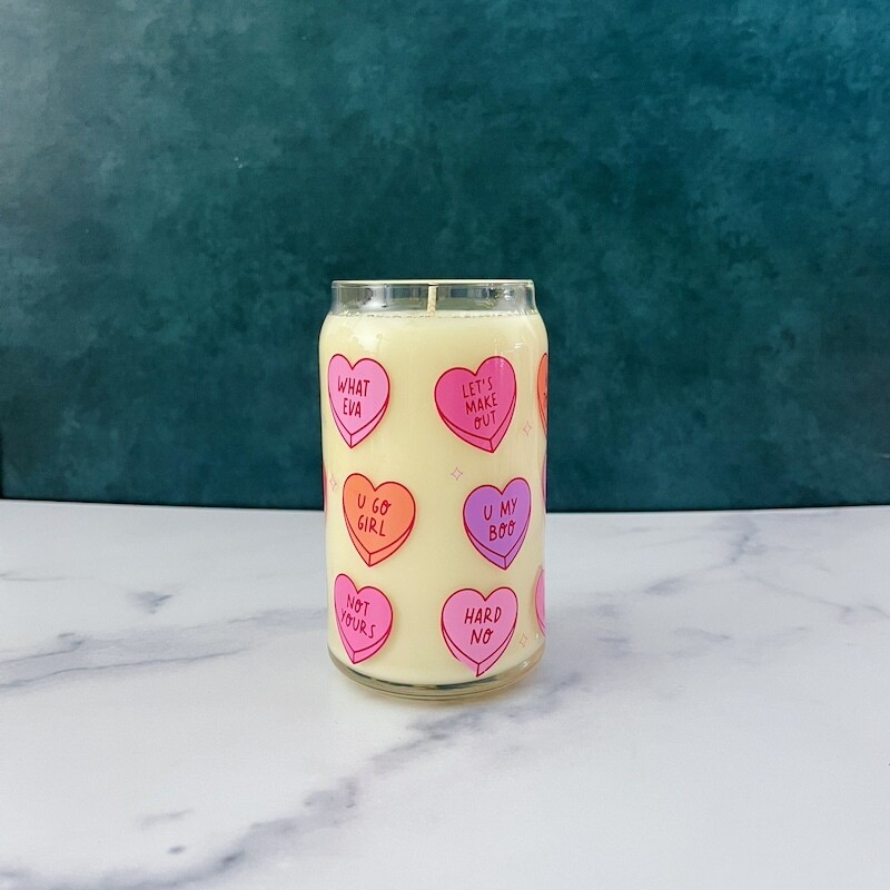 Candy Hearts Can Glass Candle
