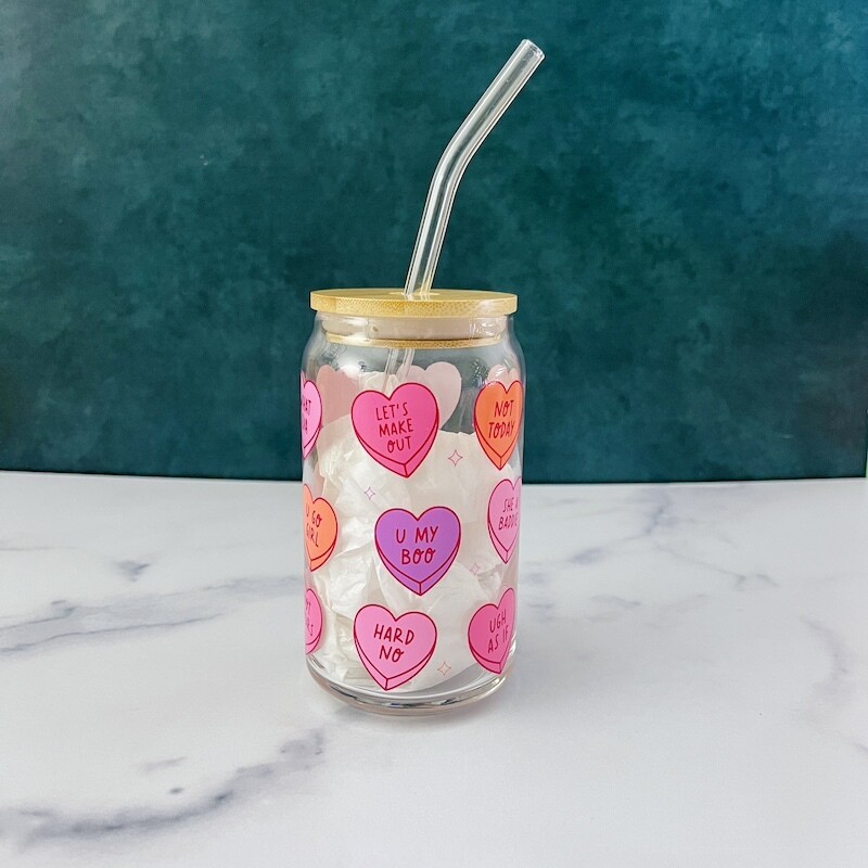 Candy Hearts Can Glass w/Lid + Straw