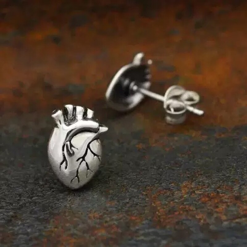 Sterling Silver Anatomical Heart Stud Earrings